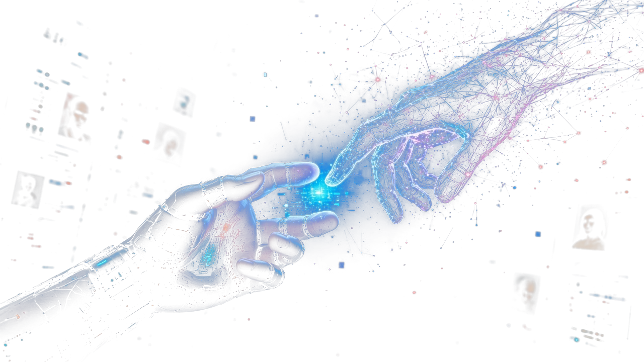 A robotic hand and an AI wireframe hand reaching toward each other