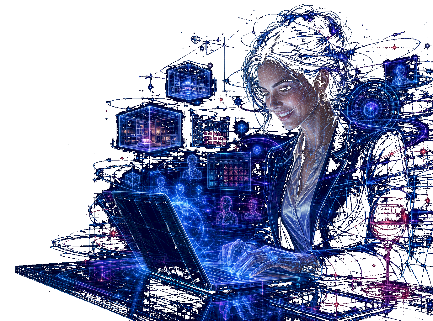A hospitality operator smiling at a holographic Qipa workspace